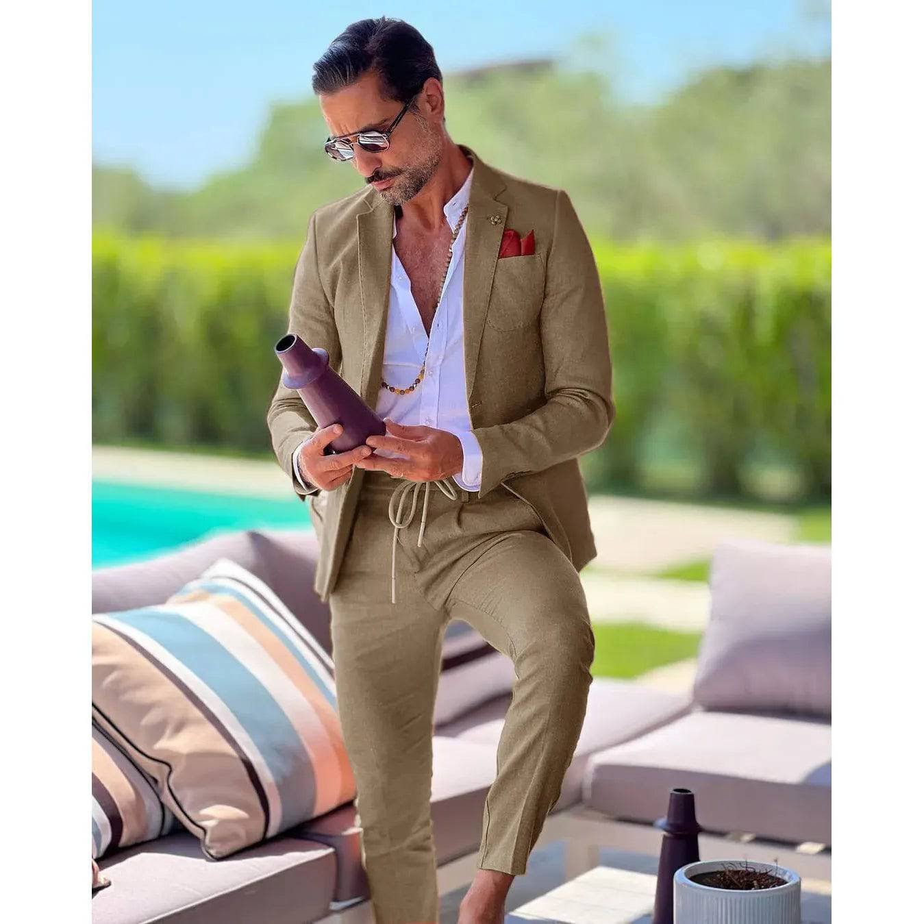 Men's Linen single breasted suit two-piece slim fit casual business wedding groom