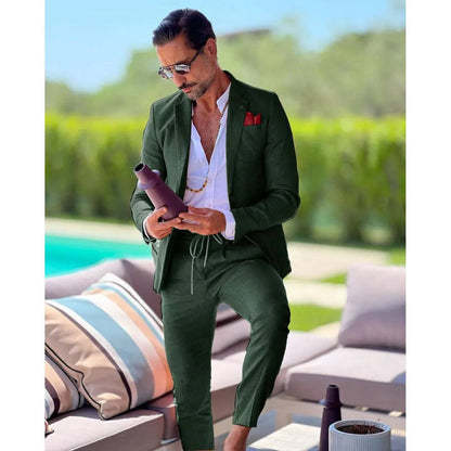 Men's Linen single breasted suit two-piece slim fit casual business wedding groom