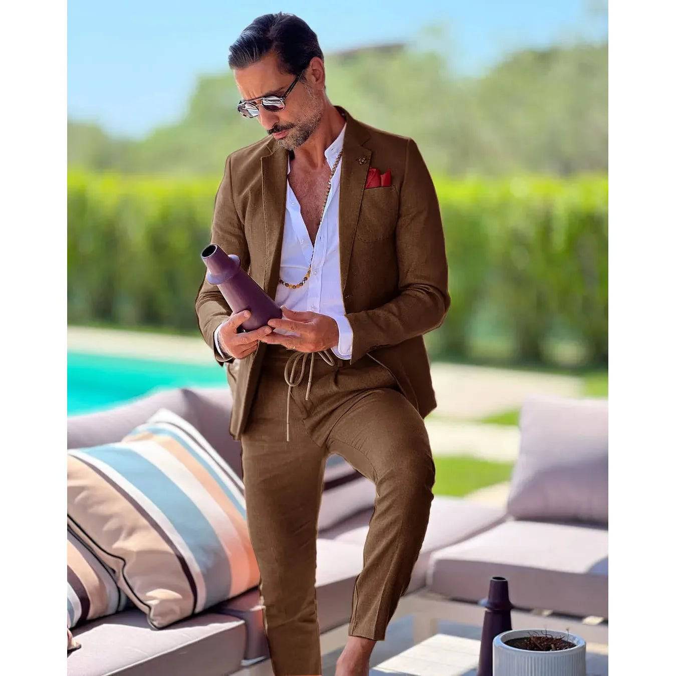 Men's Linen single breasted suit two-piece slim fit casual business wedding groom