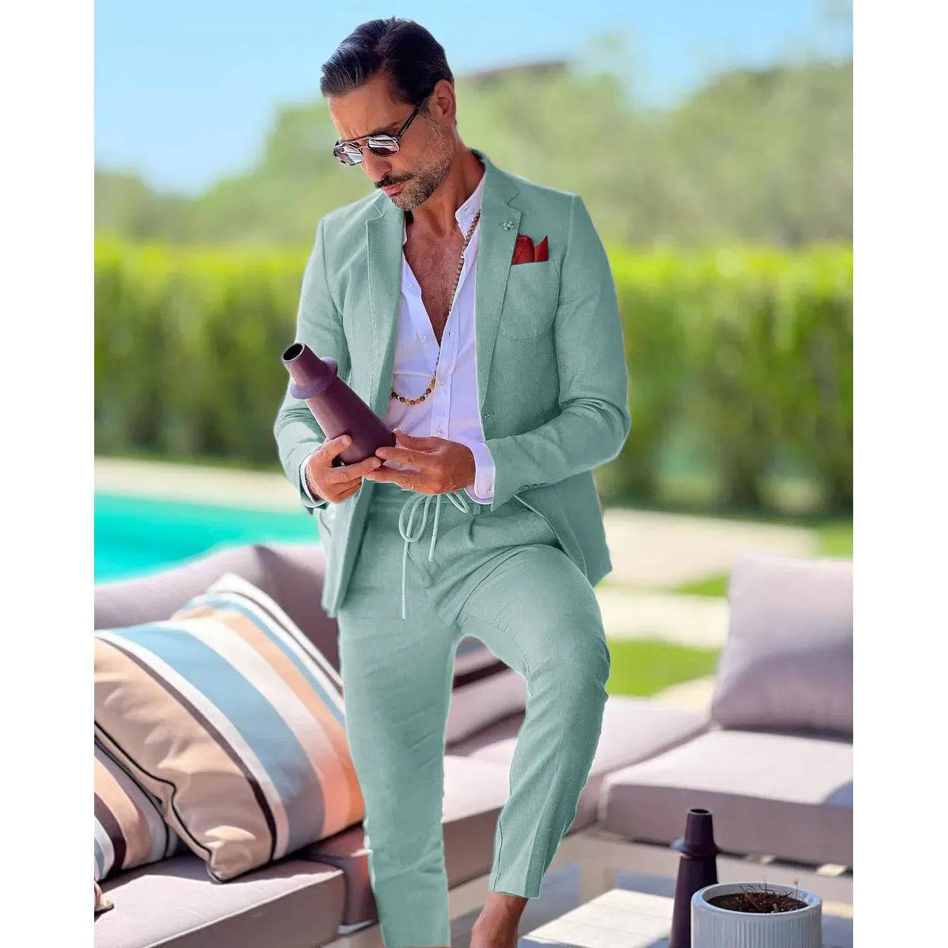 Men's Linen single breasted suit two-piece slim fit casual business wedding groom