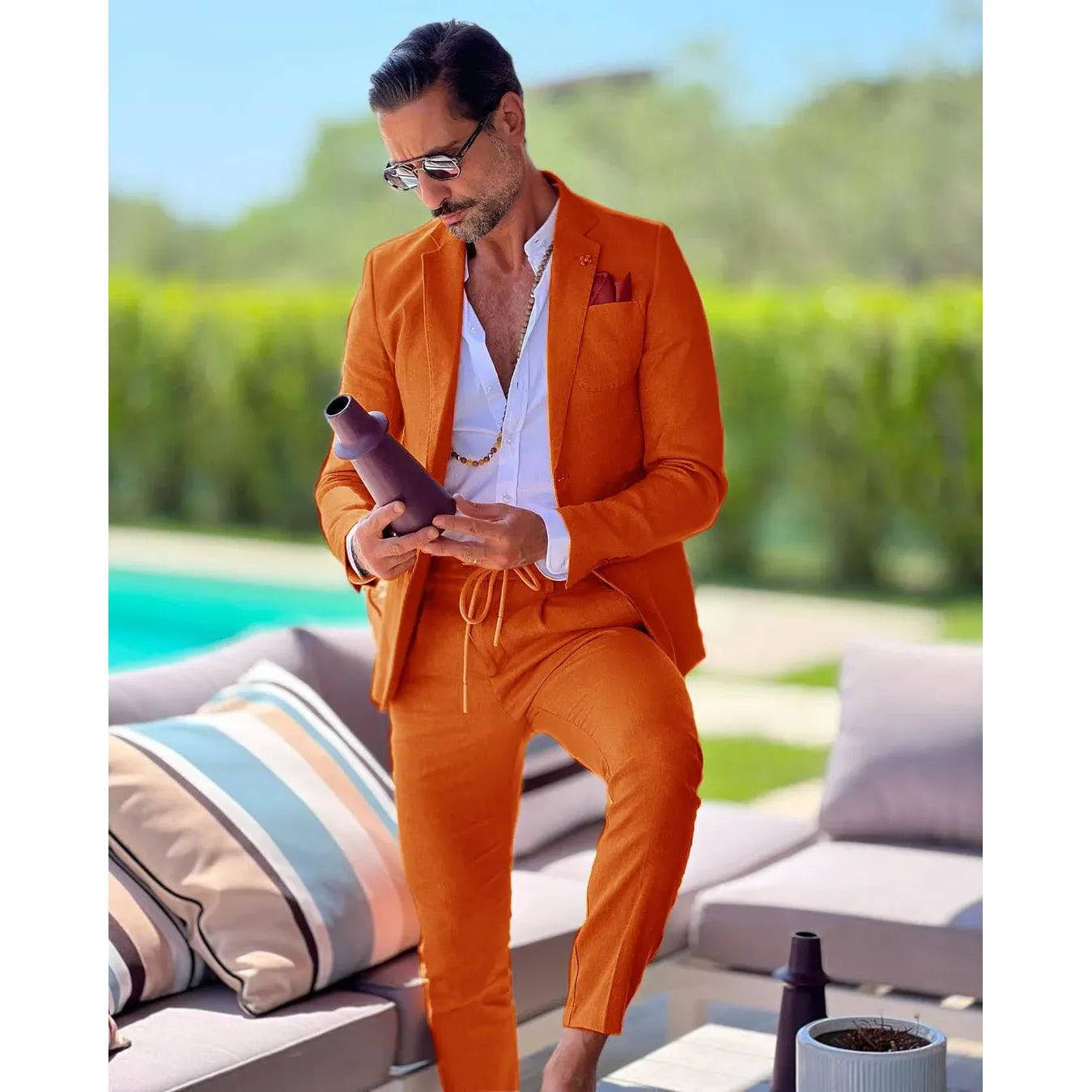 Men's Linen single breasted suit two-piece slim fit casual business wedding groom