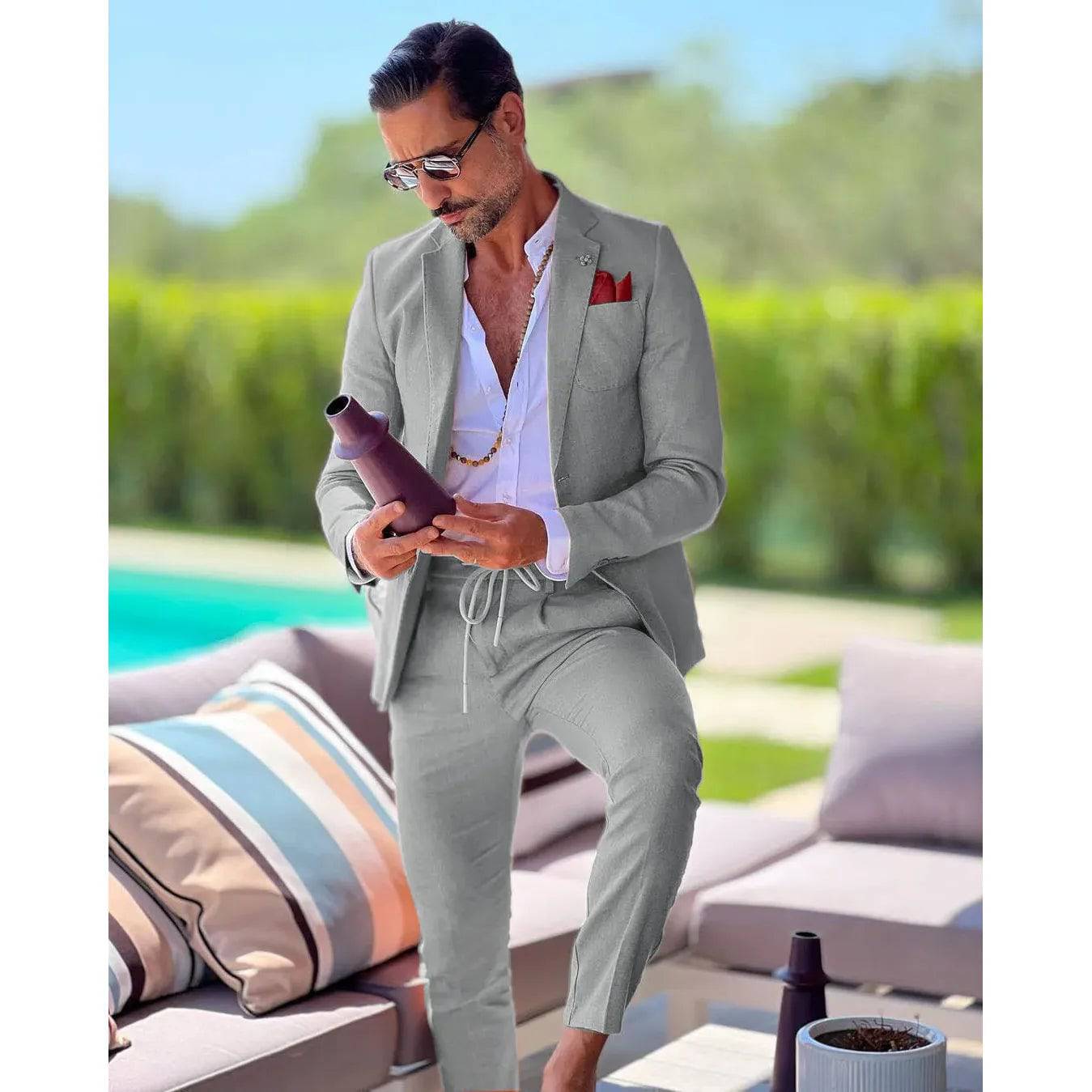 Men's Linen single breasted suit two-piece slim fit casual business wedding groom