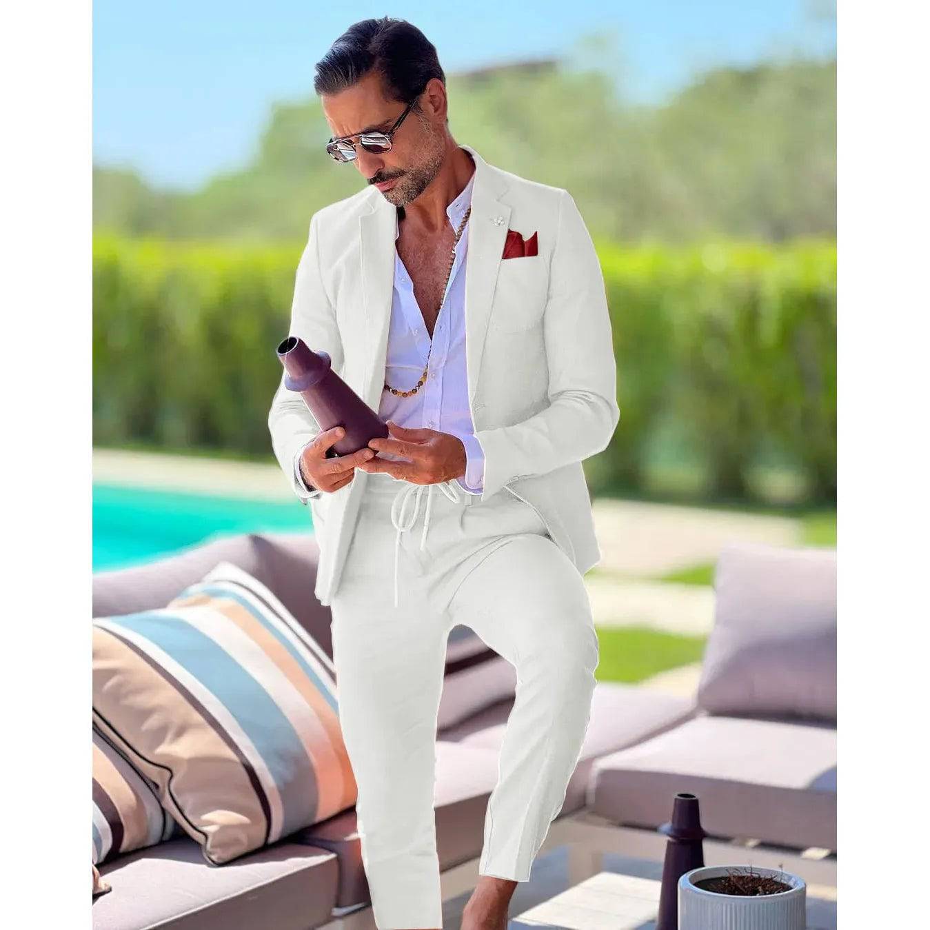 Men's Linen single breasted suit two-piece slim fit casual business wedding groom