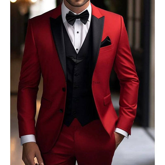 Costume Homme Red Jacket Pants with Black Vest 3 Piece Single Breasted Peak Lapel Regular Length Slim Fit Wedding Outfits Slim