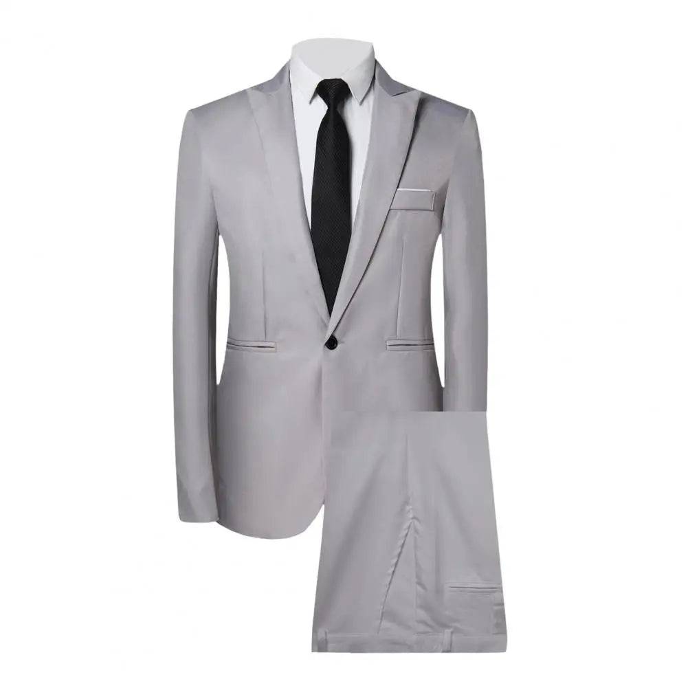 Men's Business Suit Set Lapel Single Breasted Slim Fit Pants Solid