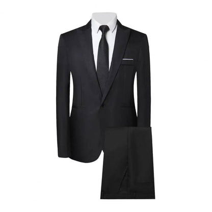 Men's Business Suit Set Lapel Single Breasted Slim Fit Pants Solid