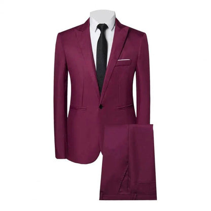 Men's Business Suit Set Lapel Single Breasted Slim Fit Pants Solid