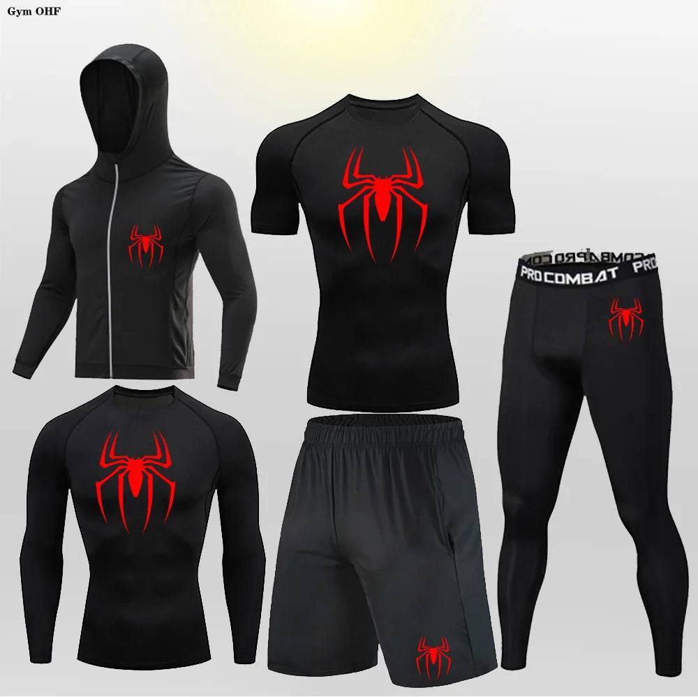 Men's Compression Sportswear Tights T-Shirt Thermal Underwear Running Sets Spider Print Clothing - Xmaker