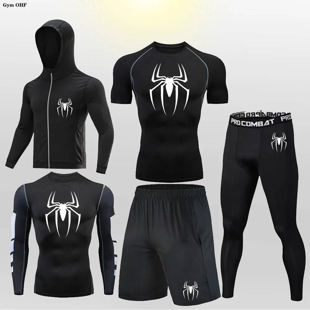 Men's Compression Sportswear Tights T-Shirt Thermal Underwear Running Sets Spider Print Clothing