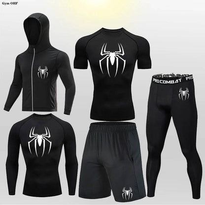 Men's Compression Sportswear Tights T-Shirt Thermal Underwear Running Sets Spider Print Clothing