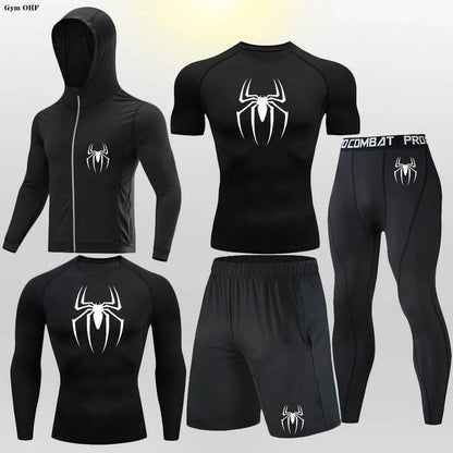 Men's Compression Sportswear Tights T-Shirt Thermal Underwear Running Sets Spider Print Clothing