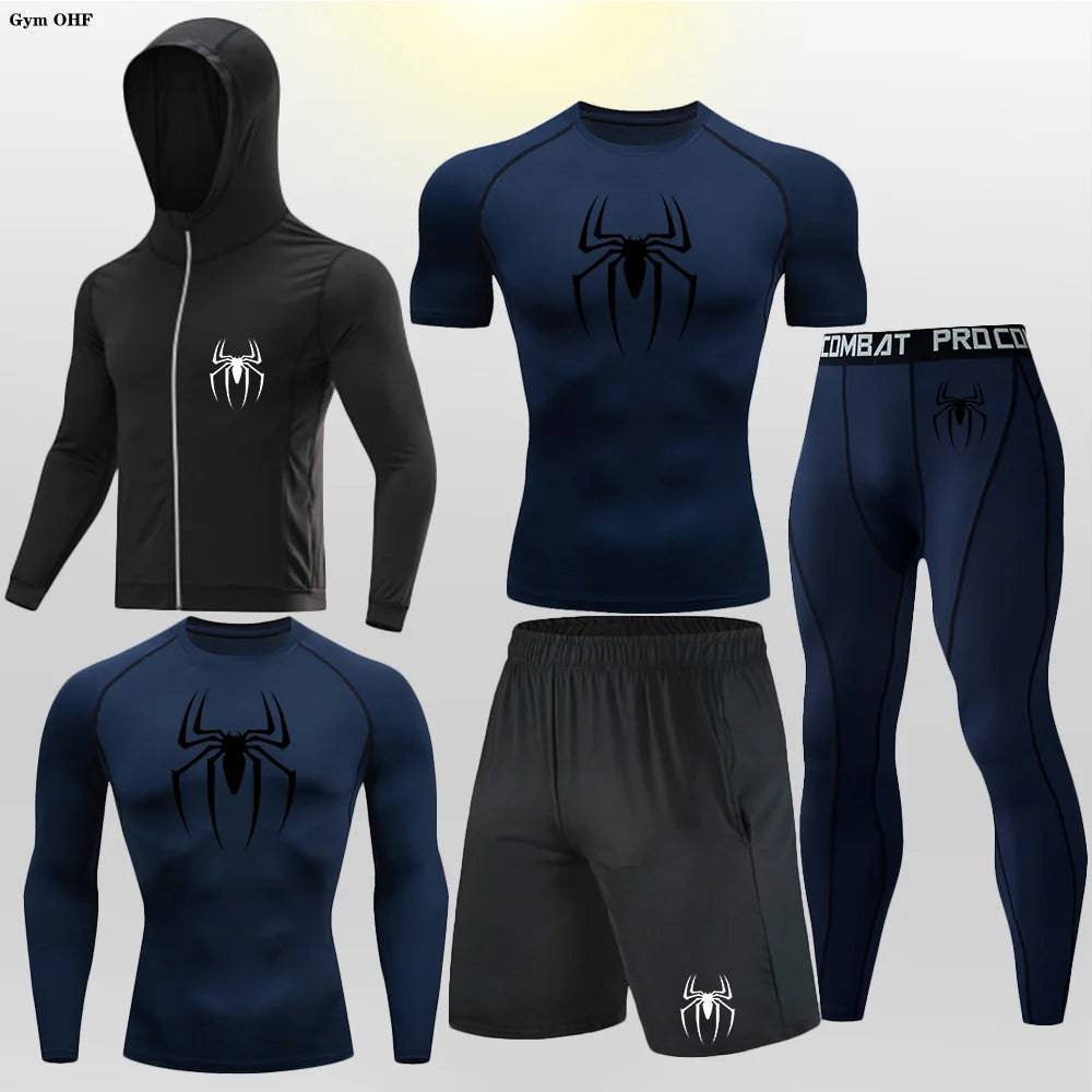 Men's Compression Sportswear Tights T-Shirt Thermal Underwear Running Sets Spider Print Clothing