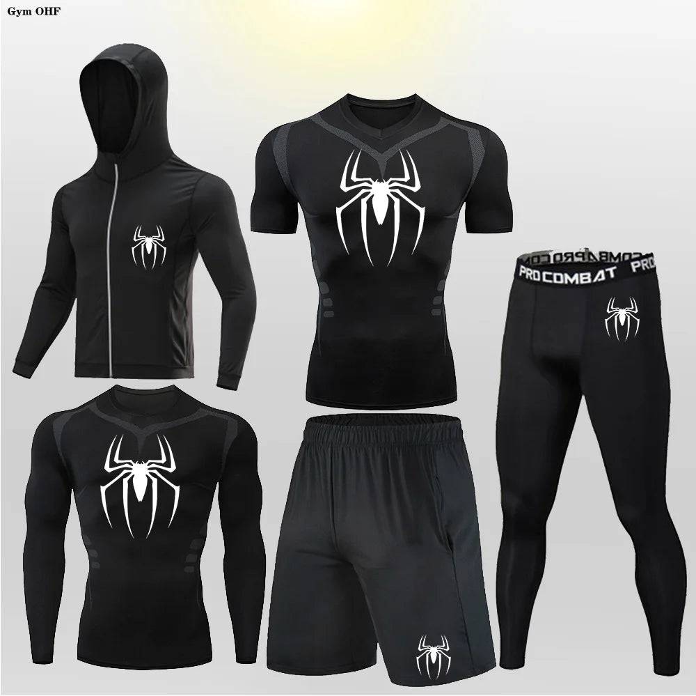 Men's Compression Sportswear Tights T-Shirt Thermal Underwear Running Sets Spider Print Clothing