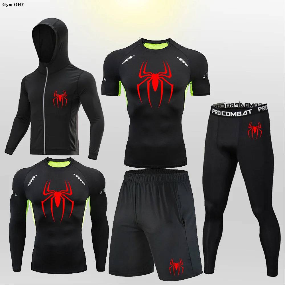 Men's Compression Sportswear Tights T-Shirt Thermal Underwear Running Sets Spider Print Clothing