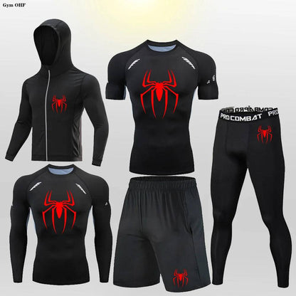 Men's Compression Sportswear Tights T-Shirt Thermal Underwear Running Sets Spider Print Clothing