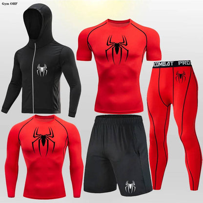 Men's Compression Sportswear Tights T-Shirt Thermal Underwear Running Sets Spider Print Clothing