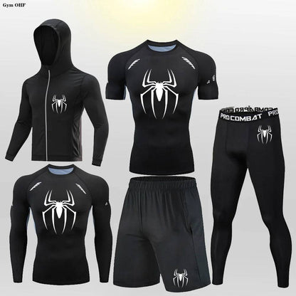 Men's Compression Sportswear Tights T-Shirt Thermal Underwear Running Sets Spider Print Clothing