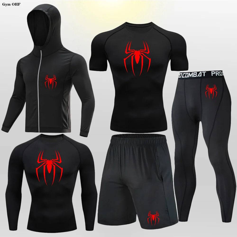 Men's Compression Sportswear Tights T-Shirt Thermal Underwear Running Sets Spider Print Clothing