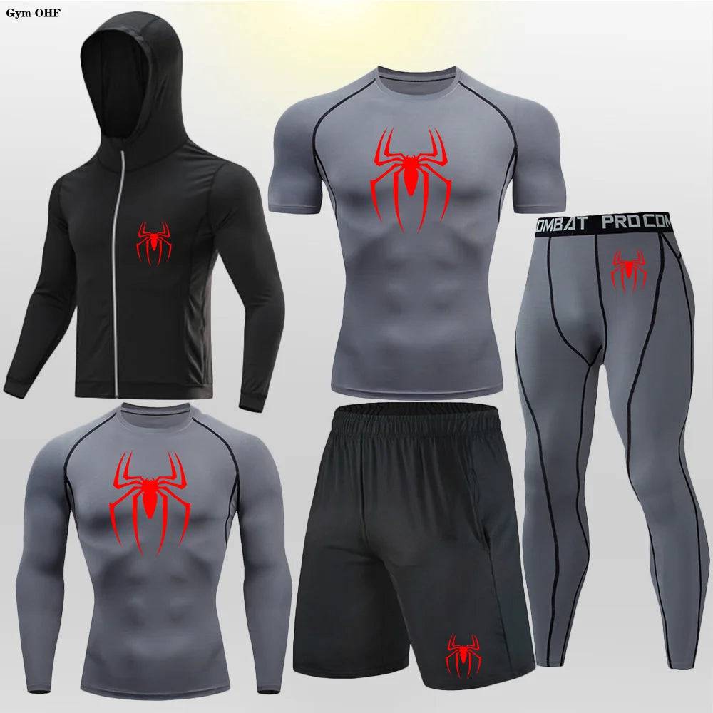 Men's Compression Sportswear Tights T-Shirt Thermal Underwear Running Sets Spider Print Clothing