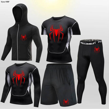 Men's Compression Sportswear Tights T-Shirt Thermal Underwear Running Sets Spider Print Clothing