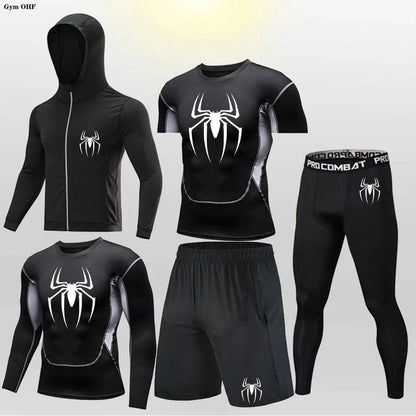 Men's Compression Sportswear Tights T-Shirt Thermal Underwear Running Sets Spider Print Clothing