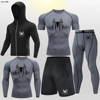 Men's Compression Sportswear Tights T-Shirt Thermal Underwear Running Sets Spider Print Clothing