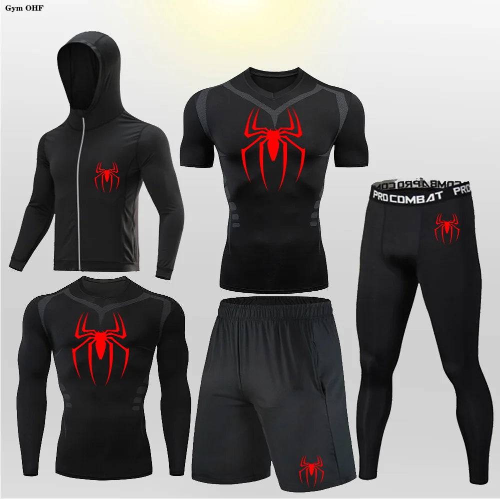 Men's Compression Sportswear Tights T-Shirt Thermal Underwear Running Sets Spider Print Clothing