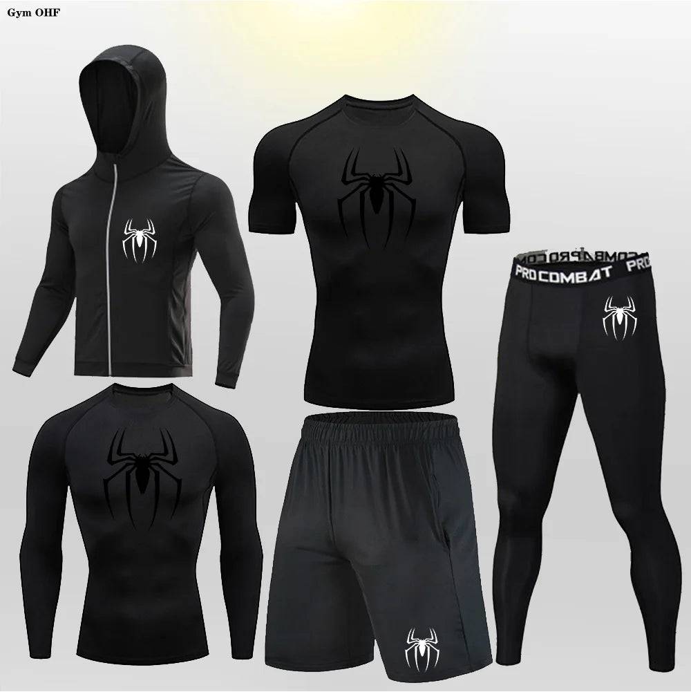 Men's Compression Sportswear Tights T-Shirt Thermal Underwear Running Sets Spider Print Clothing