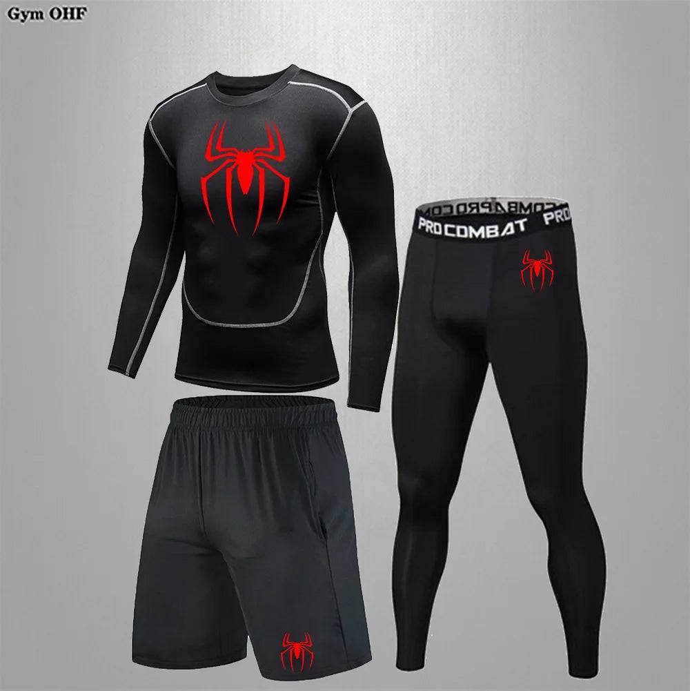 Men's Compression Sportswear Tights T-Shirt Thermal Underwear Running Sets Spider Print Clothing