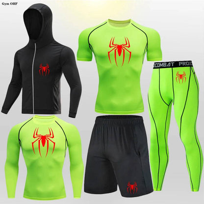 Men's Compression Sportswear Tights T-Shirt Thermal Underwear Running Sets Spider Print Clothing