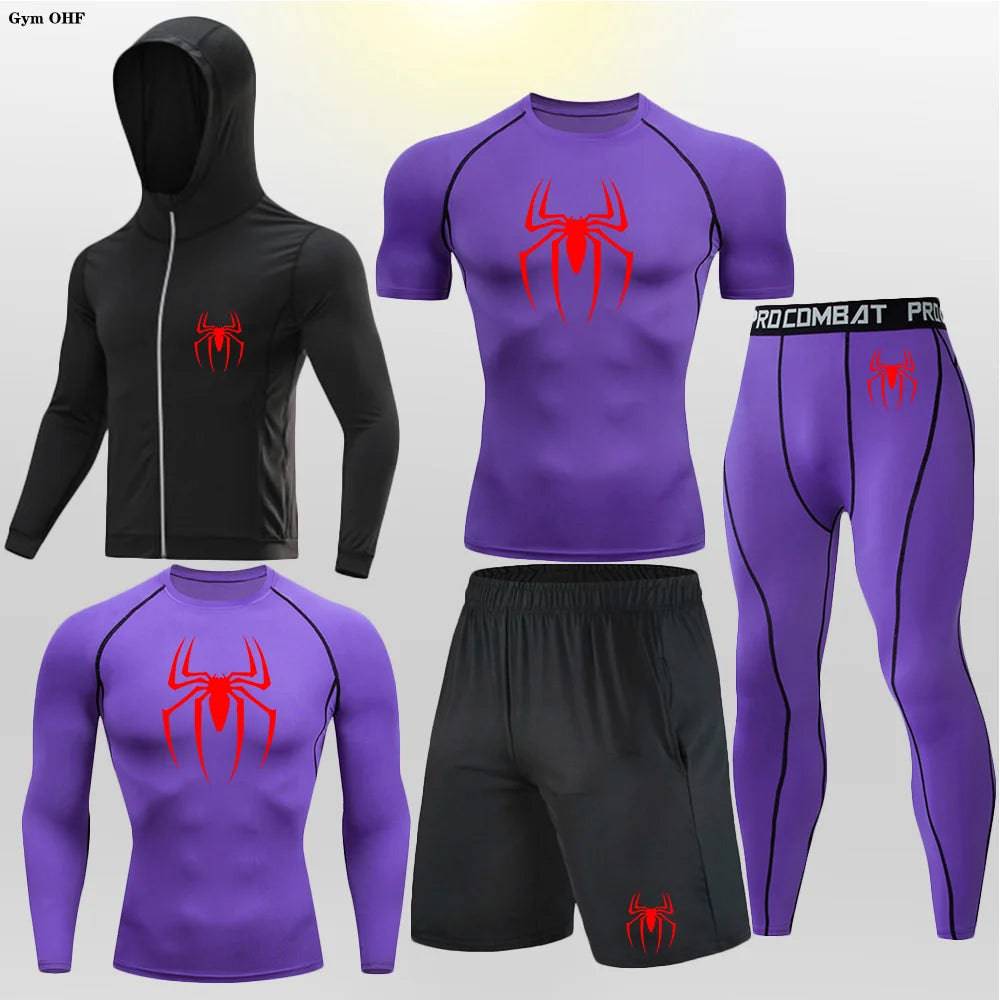 Men's Compression Sportswear Tights T-Shirt Thermal Underwear Running Sets Spider Print Clothing