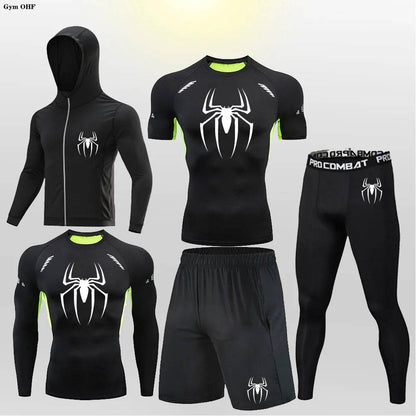 Men's Compression Sportswear Tights T-Shirt Thermal Underwear Running Sets Spider Print Clothing