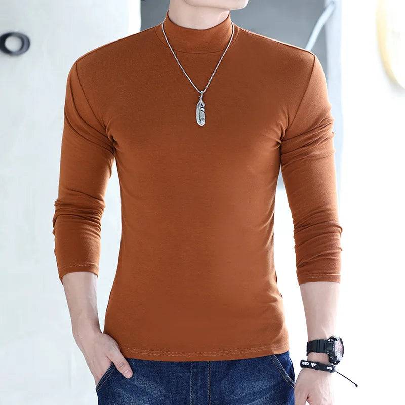 Men Mock Neck Basic T-shirt Pullover Long Sleeve Top