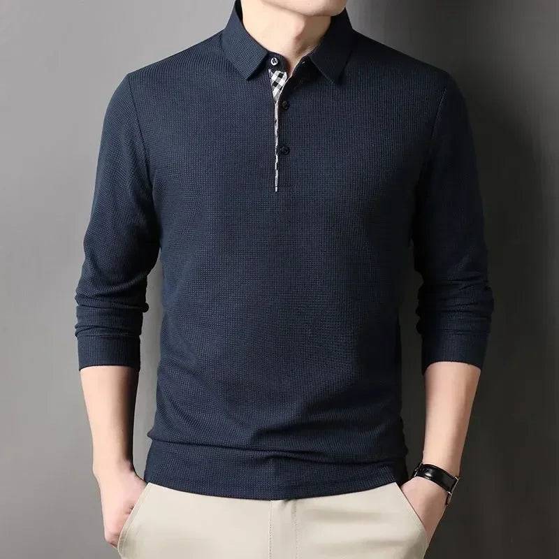 Men Long Sleeve Solid Casual Polo Shirts Spring Autumn Loose Streetwear Male Clothes splicing Lapel Plaid Business Office Tops - Xmaker