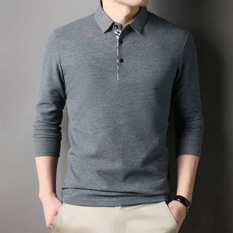 Men Long Sleeve Solid Casual Polo Shirts Spring Autumn Loose Streetwear Male Clothes splicing Lapel Plaid Business Office Tops - Xmaker