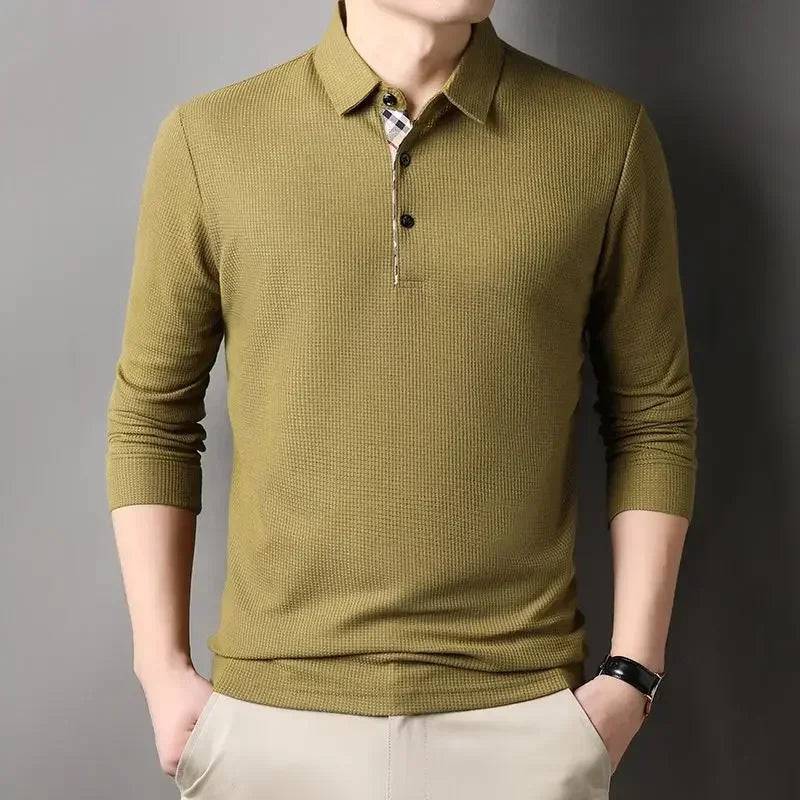 Men Long Sleeve Solid Casual Polo Shirts Spring Autumn Loose Streetwear Male Clothes splicing Lapel Plaid Business Office Tops - Xmaker