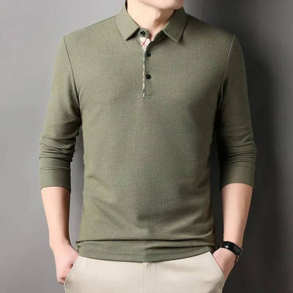 Men Long Sleeve Solid Casual Polo Shirts Spring Autumn Loose Streetwear Male Clothes splicing Lapel Plaid Business Office Tops - Xmaker