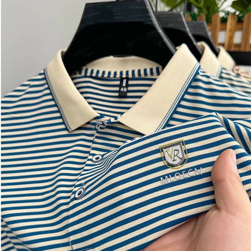 Men's Striped Cotton Business Casual Short Sleeved POLO Shirt - Xmaker