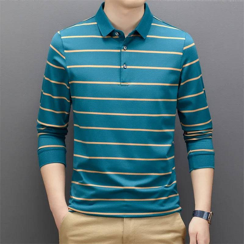 New Men's Casual Long Sleeve Polo Shirt Fashion Solid Color Top - Xmaker