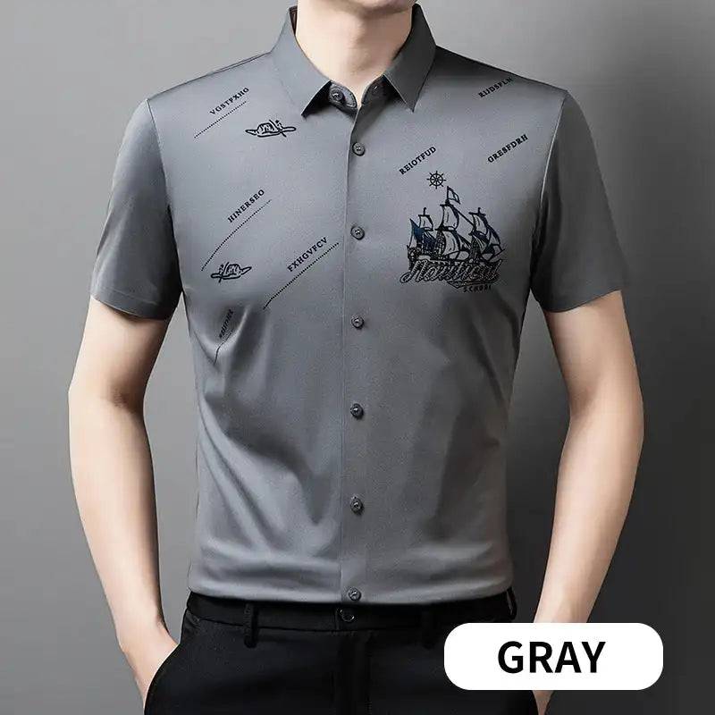 Men's Elastic Printed Short Sleeves Button Down Polo Shirt - Xmaker