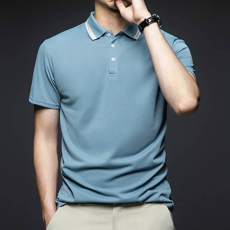 Men's Solid Short Sleeved Striped Lapel Polo Shirt - Xmaker