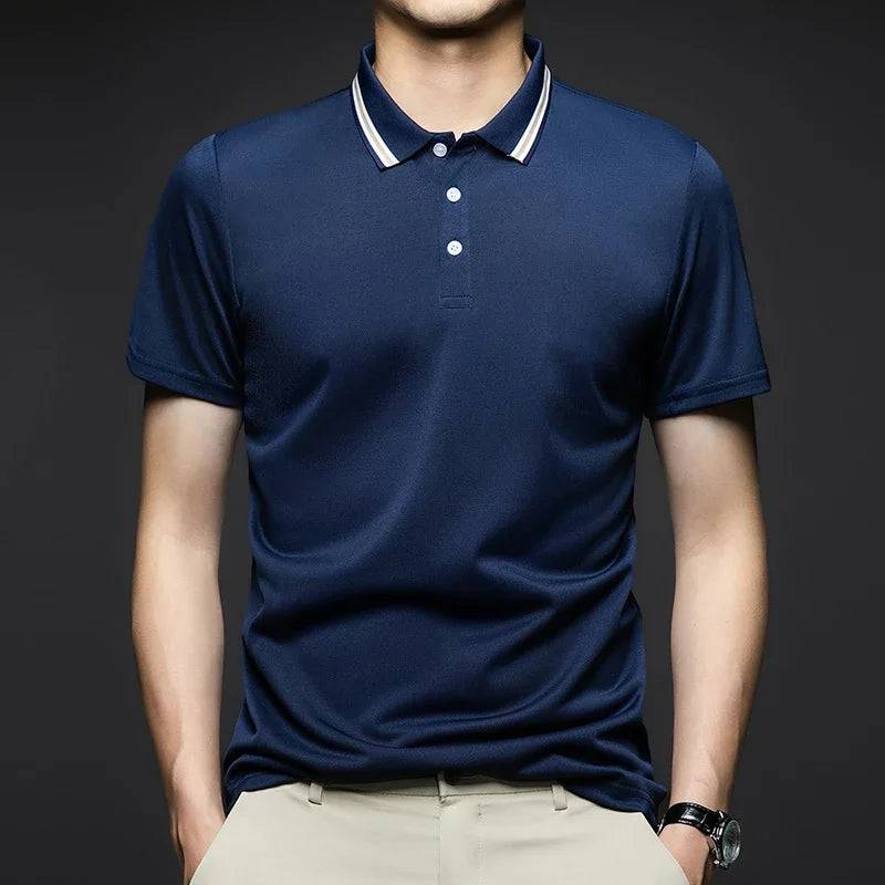 Men's Solid Short Sleeved Striped Lapel Polo Shirt - Xmaker