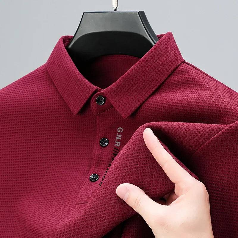 Men's Waffle Long Sleeved POLO Shirt with Letter Printed Lapel Casual Top - Xmaker