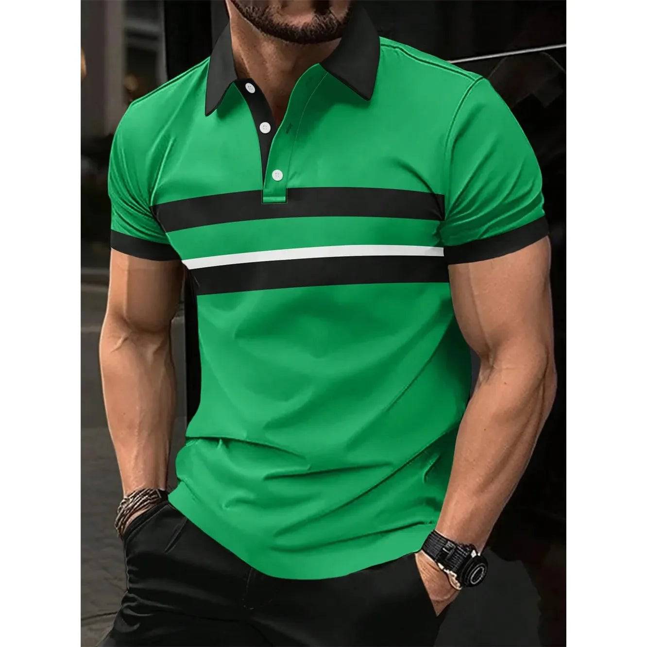 Men's Polo Shirt Striped Personality Button Lapel - Xmaker