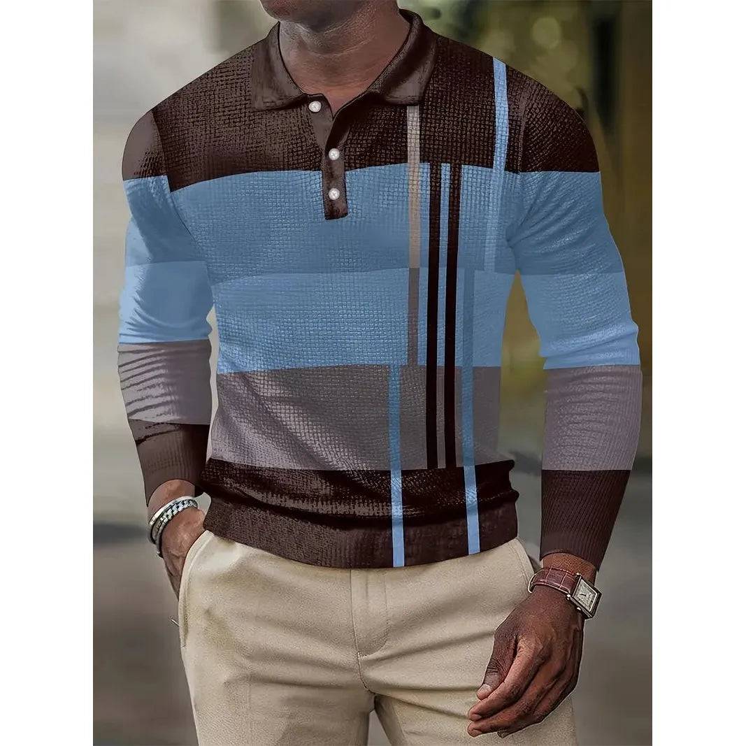 Men's  Long Sleeve Casual Stripe Stitching Polo Shirt - Xmaker