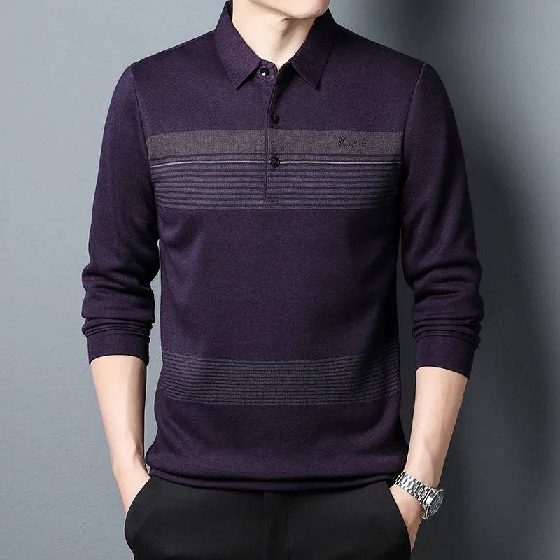 Men's Long-sleeved Business Casual Loose Striped Polo Shirt - Xmaker