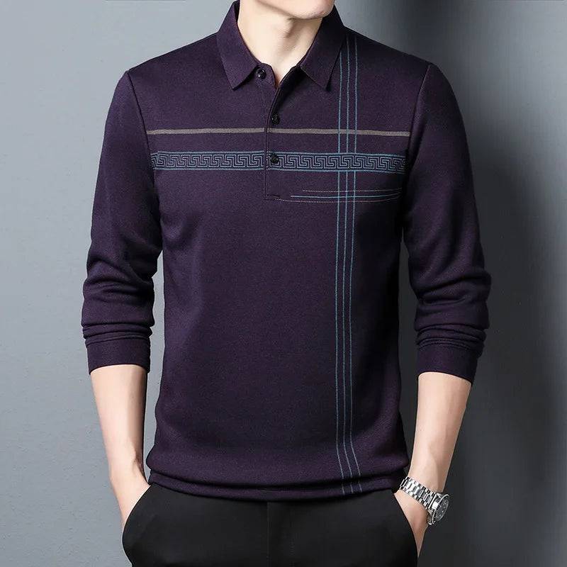 Men's Long-sleeved Business Casual Loose Striped Polo Shirt - Xmaker