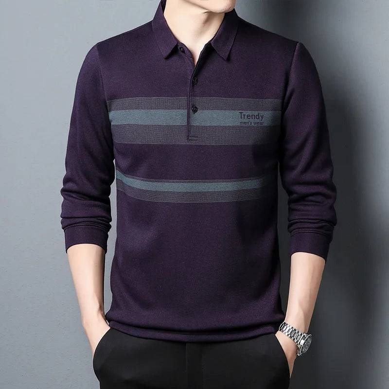 Men's Long-sleeved Business Casual Loose Striped Polo Shirt - Xmaker