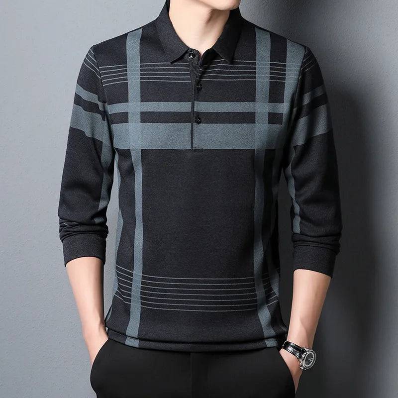 Men's Long-sleeved Business Casual Loose Striped Polo Shirt - Xmaker