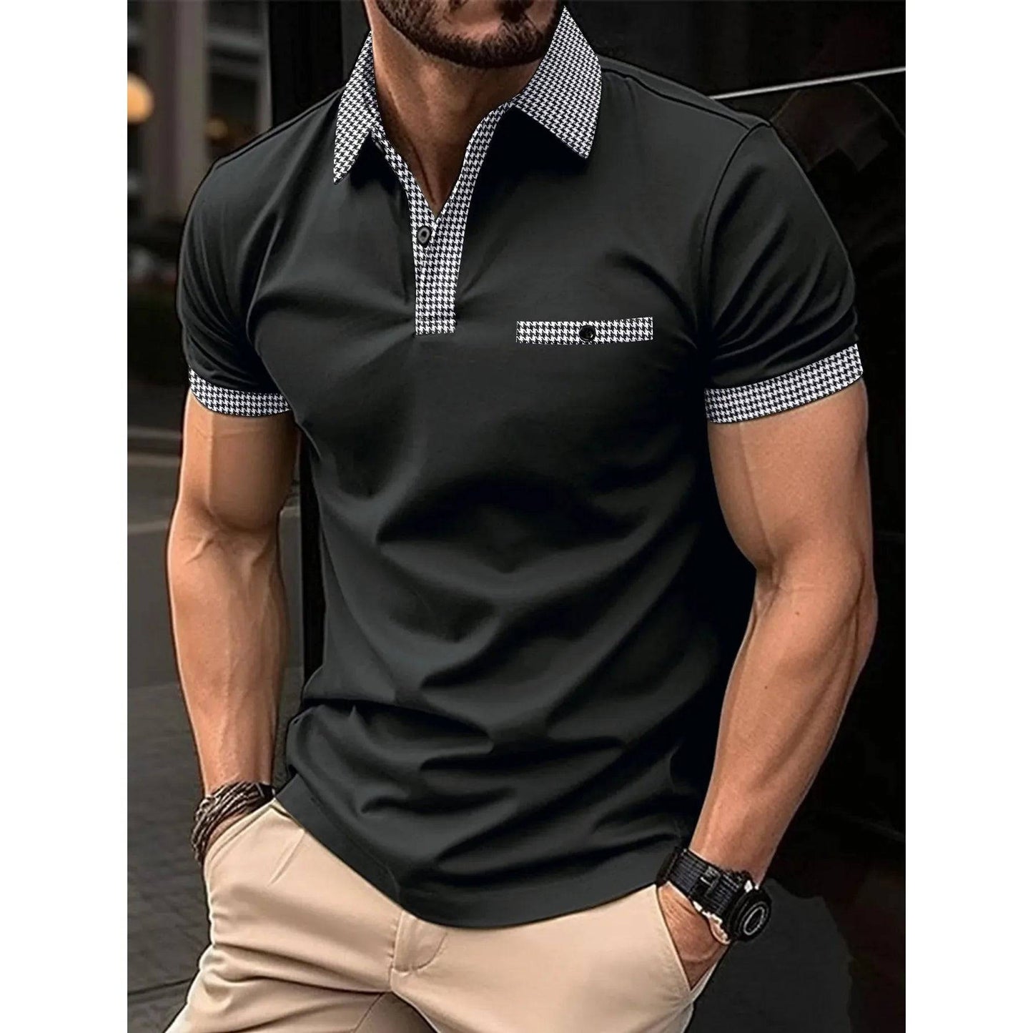 Men's Short Sleeve Polo Shirt Man Plaid Collar POLO Tee Male Casual Collar T-Shirt Clothing - Xmaker